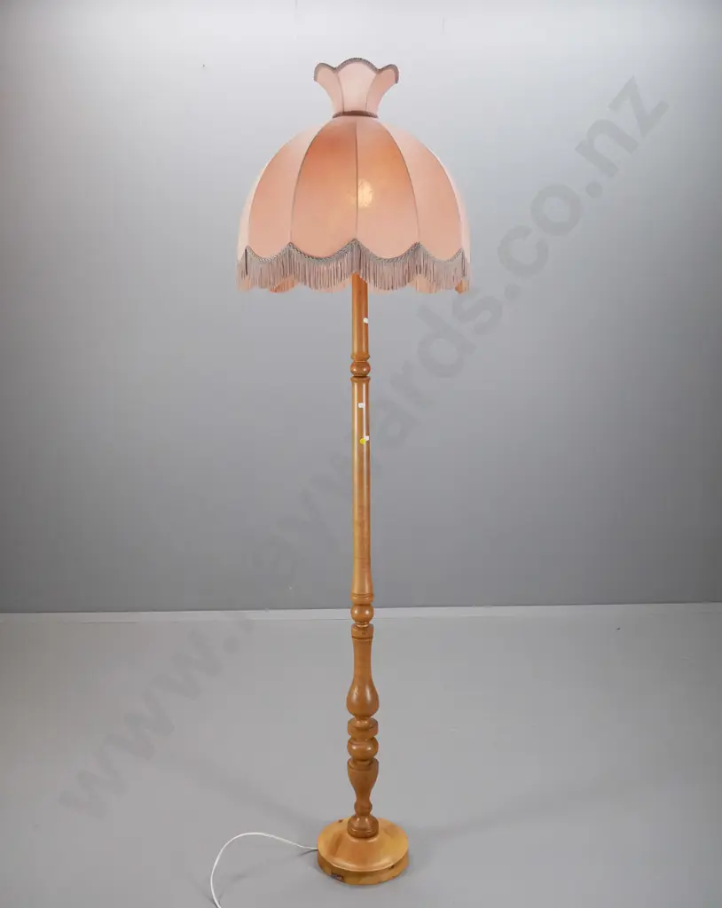mid-century tall turned column timber floor lamp w/ tasseled dome shade H2000 Shade D540 Image 1++