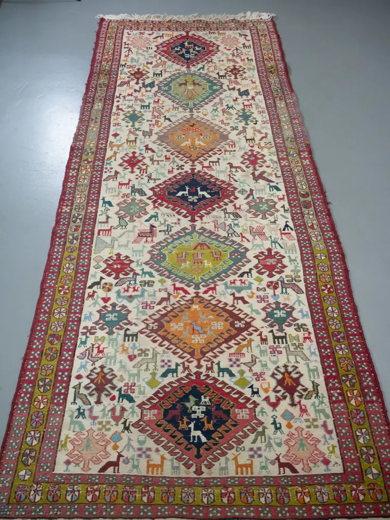 hand-knotted wool middle eastern floor rug - bird and animal motif L-2780 W-1090 (slight wear) Image 1++