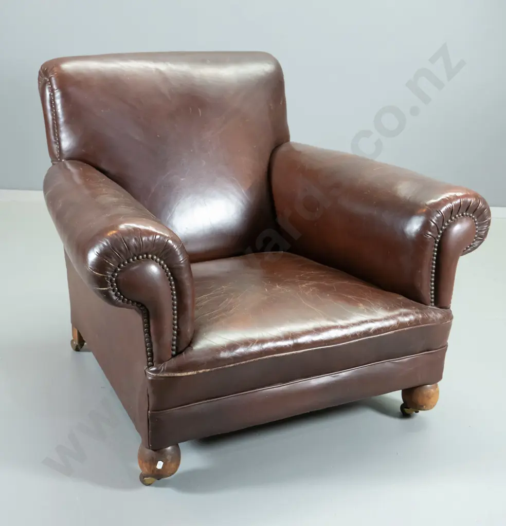 vintage leather club chair, studded arm fronts, ball feet & casters, some wear and cracking to leather H800 W960 D870 Image 1++