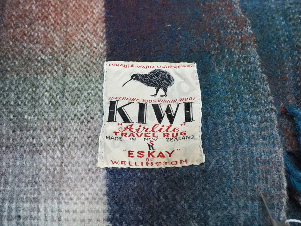 retro checked wool travel rug with Eskay Kiwi label Image 1++