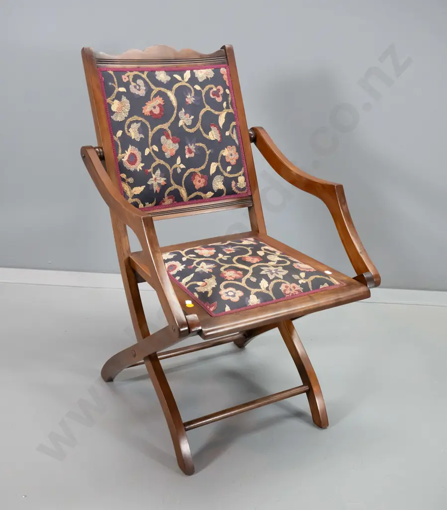 vintage campaign style chair w/tapestry seat and back, has plaque w/ 'Henry Sanders Dunedin' H820 W490 D540 Image 1++