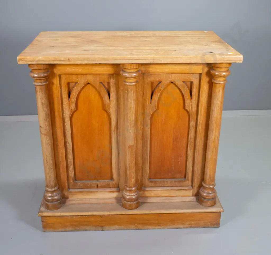 vintage kauri ecclesiastical style stand/cabinet w/open back, columns on front & sides, polish needs work H890 W910 D950 Image 1++