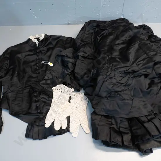 Victorian 2 piece black mourning dress and a pair of crochet gloves