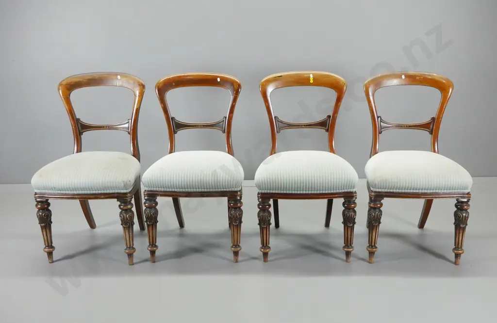 4 Victorian mahogany balloon back dining chairs w/striped damask seats, some loose joints, fabric stained H880 W480 D450 Image 1++