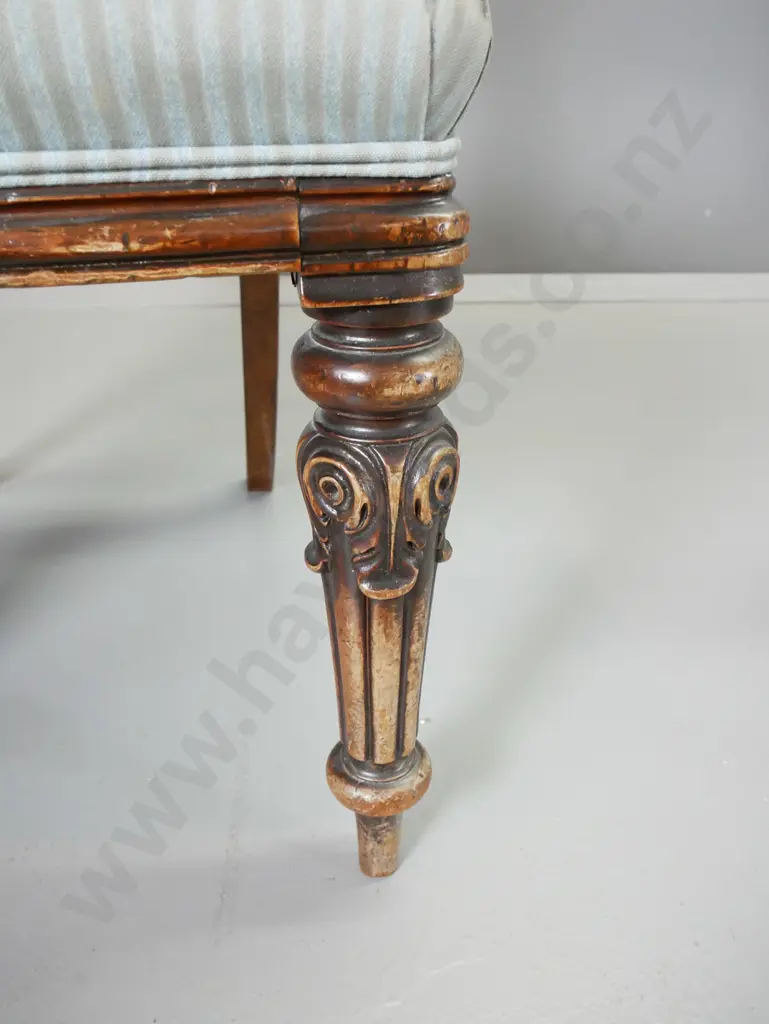 4 Victorian mahogany balloon back dining chairs w/striped damask seats, some loose joints, fabric stained H880 W480 D450 Image 1++