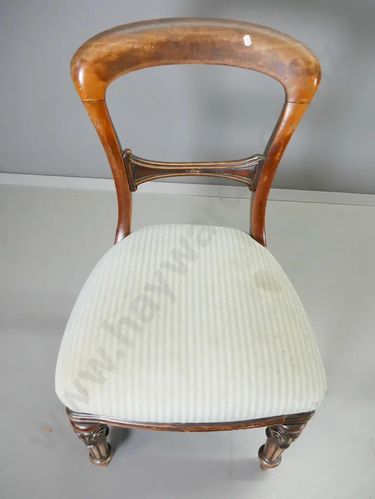 4 Victorian mahogany balloon back dining chairs w/striped damask seats, some loose joints, fabric stained H880 W480 D450 Image 1++
