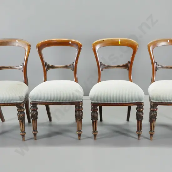 4 Victorian mahogany balloon back dining chairs w/striped damask seats, some loose joints, fabric stained H880 W480 D450