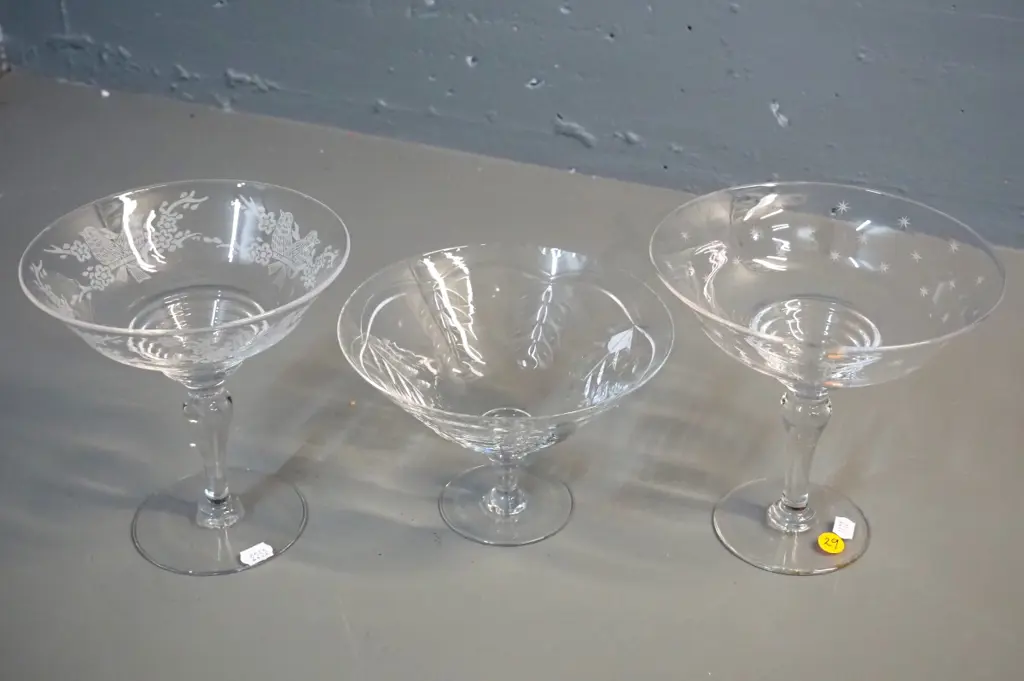 3 comports - 2 etched Stuart crystal H-170 and one other cut crystal Image 1++