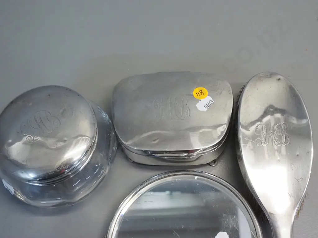 sterling silver monogrammed dressing table set - mirror, brush powder bowl, trinket box Image 1++