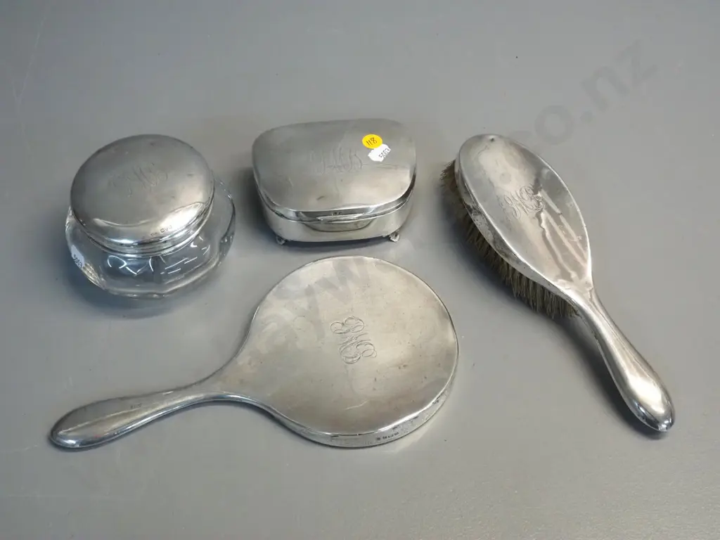 sterling silver monogrammed dressing table set - mirror, brush powder bowl, trinket box Image 1++