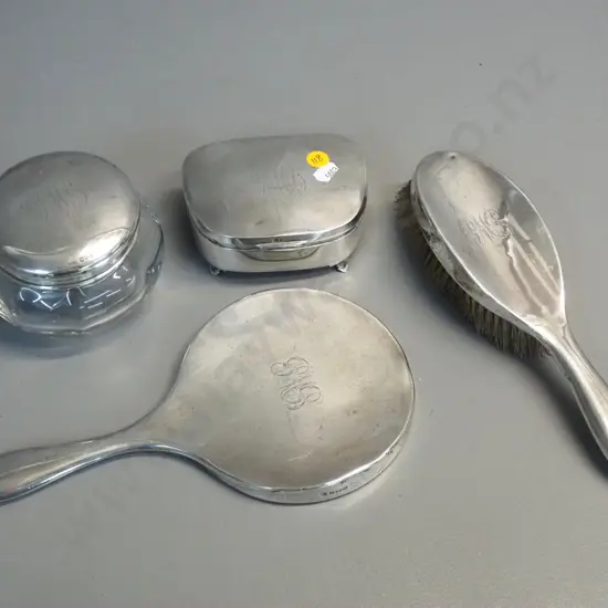 sterling silver monogrammed dressing table set - mirror, brush powder bowl, trinket box