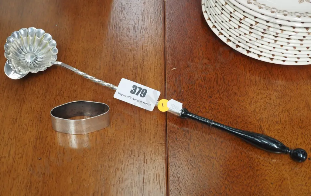 sterling silver napkin ring and a vintage (sterling? has horse head mark) silver ebony handled punch ladle L-360 Image 1++