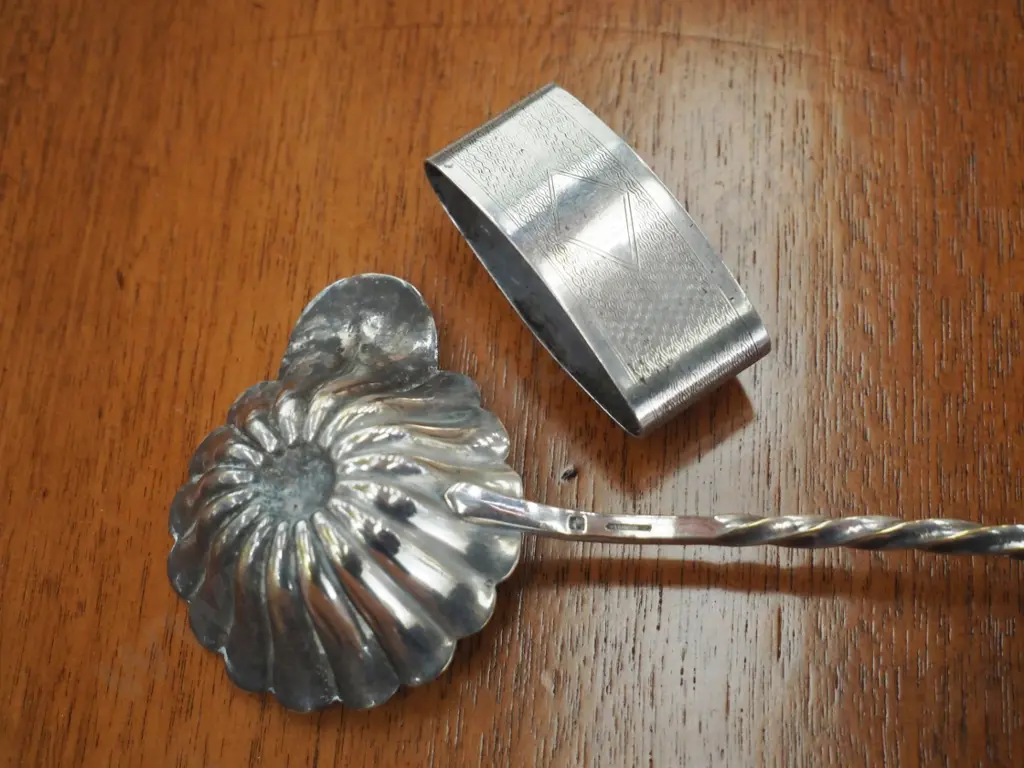 sterling silver napkin ring and a vintage (sterling? has horse head mark) silver ebony handled punch ladle L-360 Image 1++