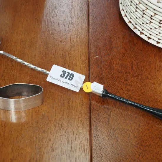 sterling silver napkin ring and a vintage (sterling? has horse head mark) silver ebony handled punch ladle L-360