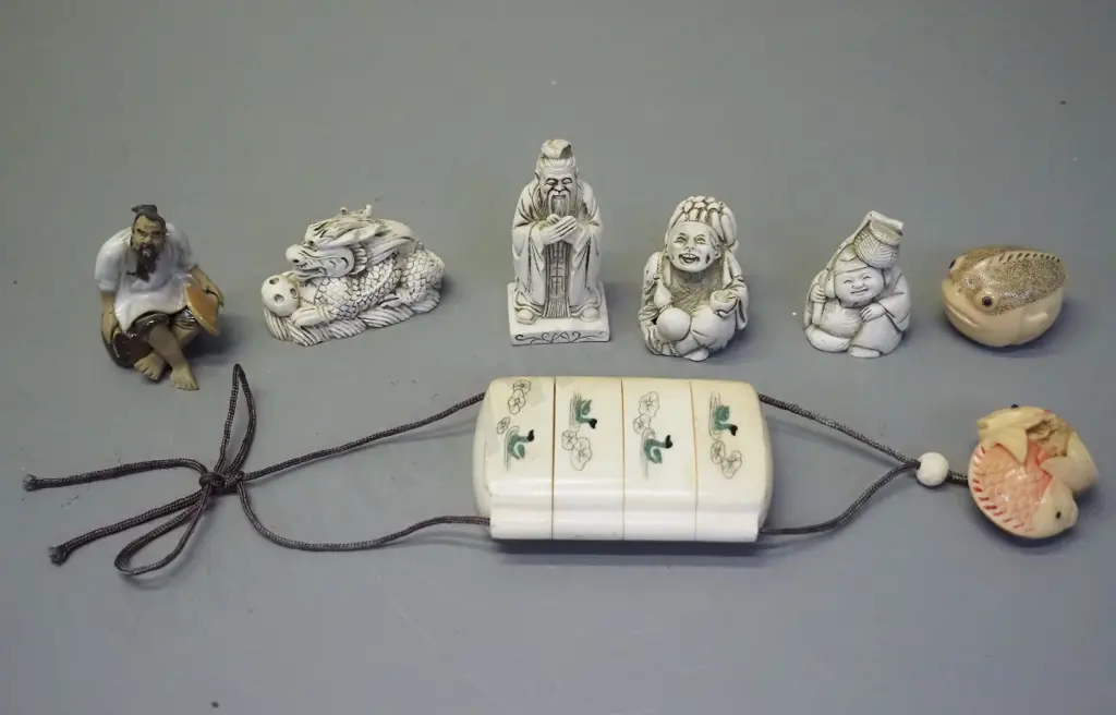 composite faux bone inro & netsuke, fish netsuke, 4 composite and one pottery figurines Image 1++