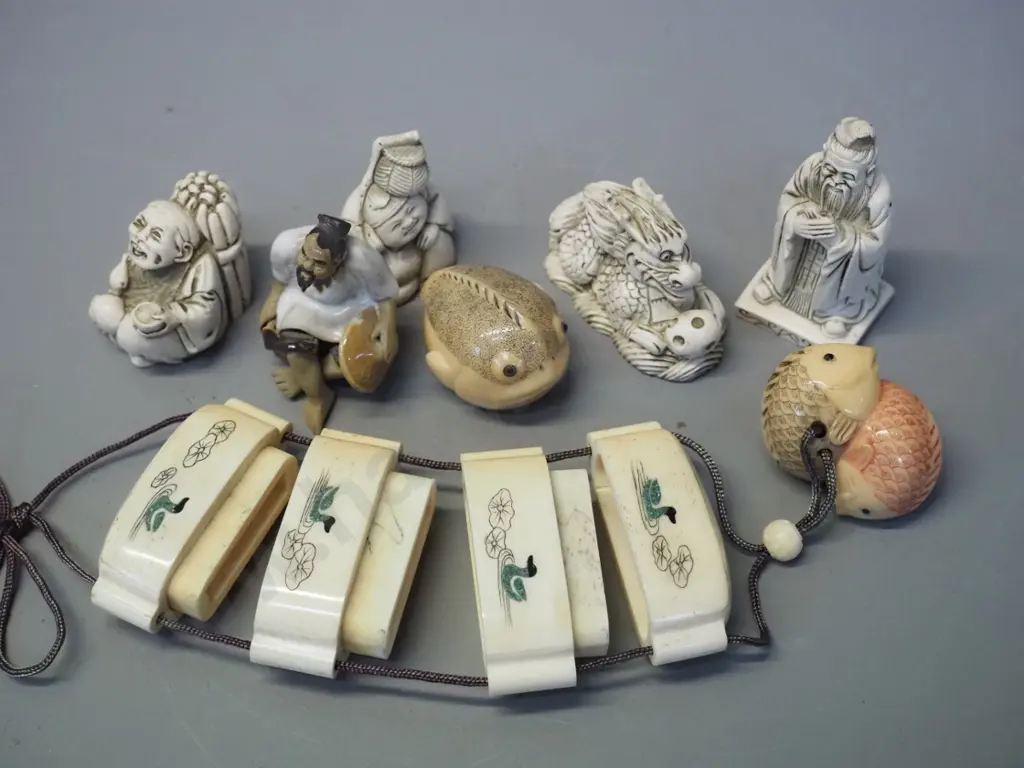 composite faux bone inro & netsuke, fish netsuke, 4 composite and one pottery figurines Image 1++