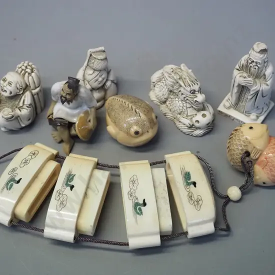 composite faux bone inro & netsuke, fish netsuke, 4 composite and one pottery figurines