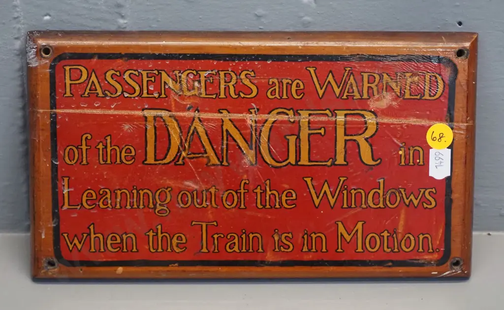 vintage NZR painted wooden passenger carriage warning sign - has repaired split H-130 W-240 Image 1++