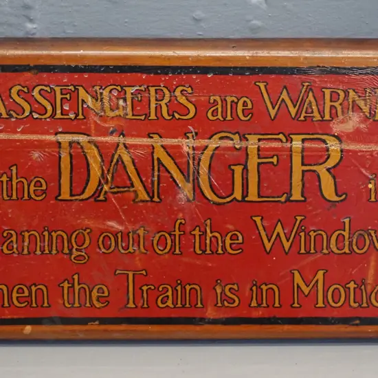 vintage NZR painted wooden passenger carriage warning sign - has repaired split H-130 W-240