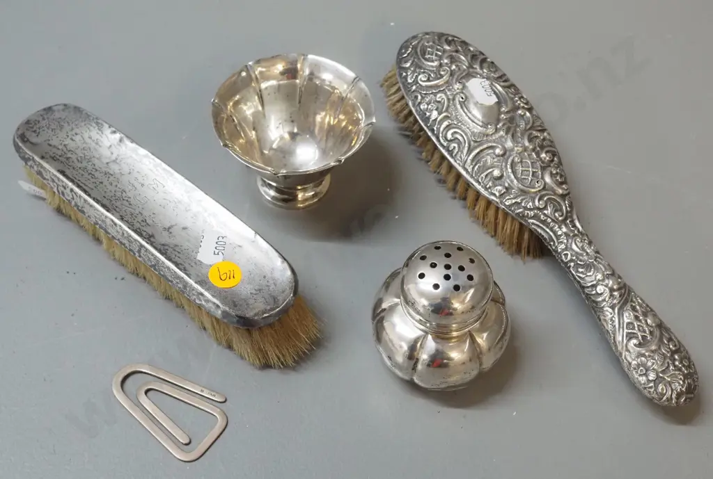 5 sterling silver items - 2 brushes, powder pot, money or papers clip, small bowl Image 1++