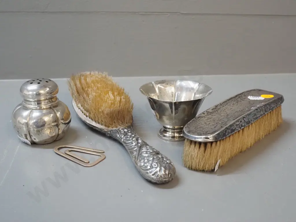 5 sterling silver items - 2 brushes, powder pot, money or papers clip, small bowl Image 1++