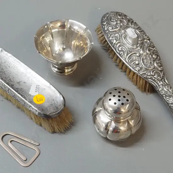 5 sterling silver items - 2 brushes, powder pot, money or papers clip, small bowl