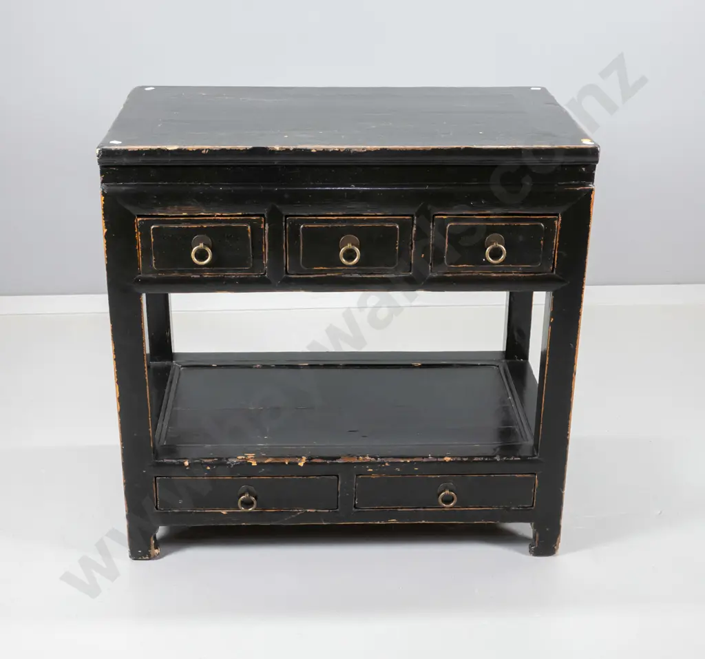 reproduction Chinese hall table - 5 drawers w/metal drop handles - some rubbing to black lacquer finish H730 W750 D430 Image 1++