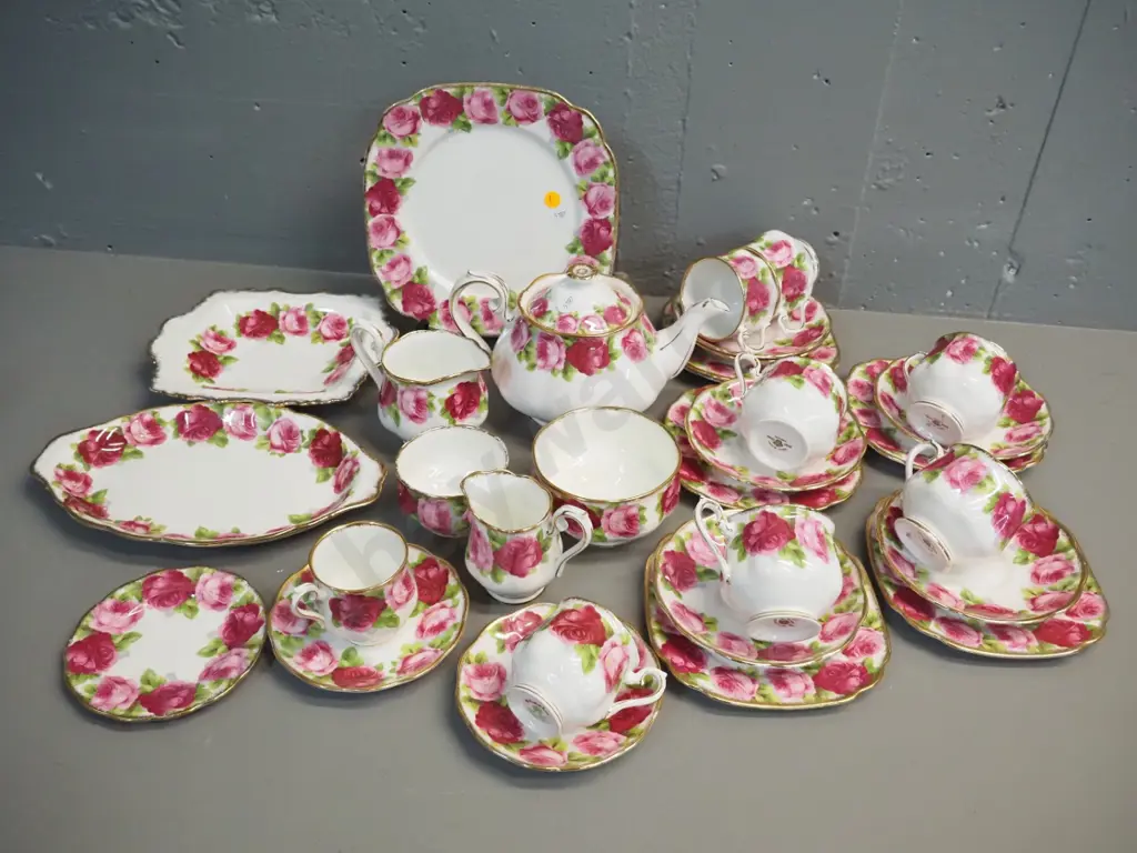 Royal Albert Old English Rose teaware - 6 trios, 2 coffee cans & saucers, jugs, plates etc - teapot has chip under lid Image 1++