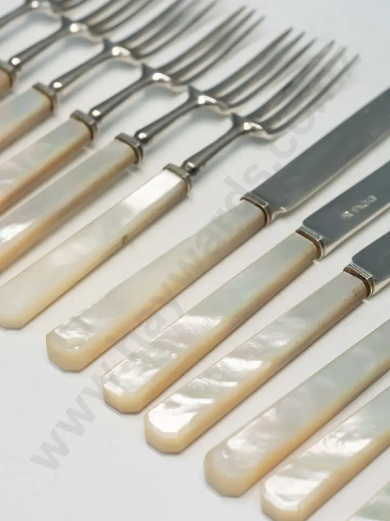 silver fish knife & fork set with mother of pearl handles stamped crown, lion, t, CB & S Image 1++