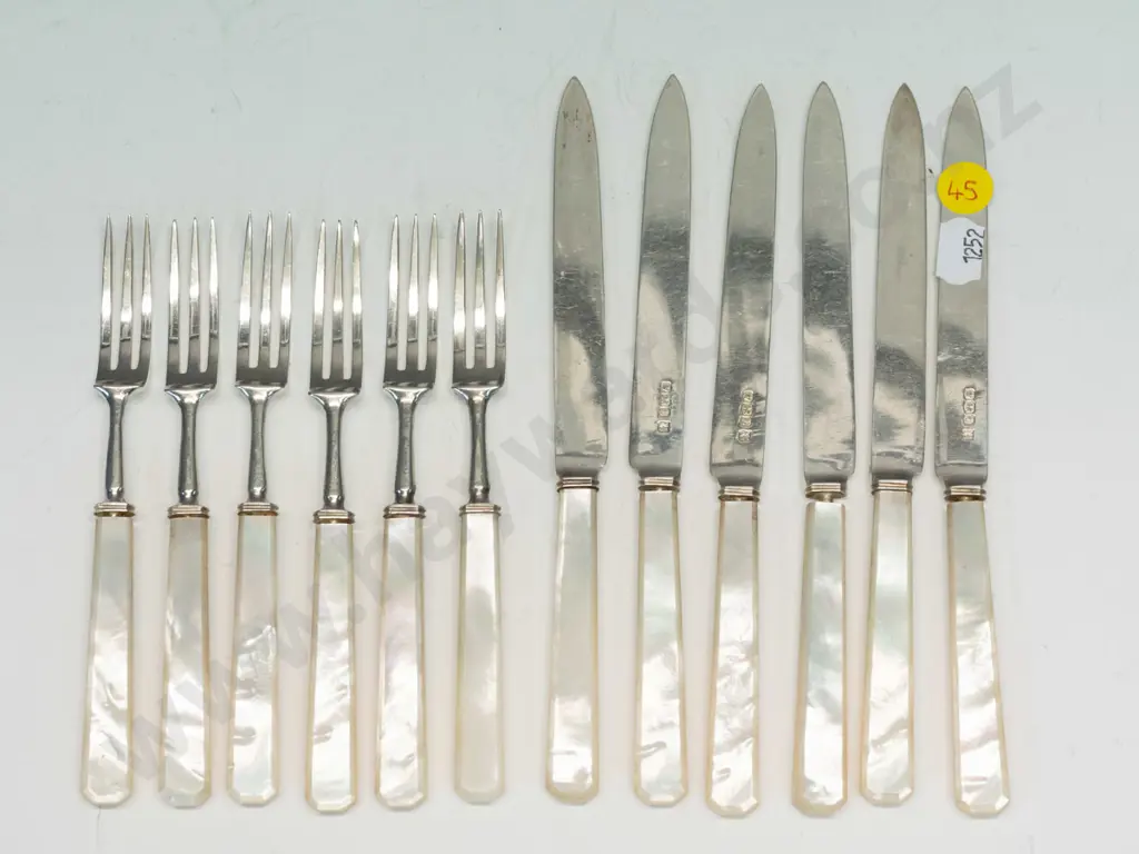 silver fish knife & fork set with mother of pearl handles stamped crown, lion, t, CB & S Image 1++