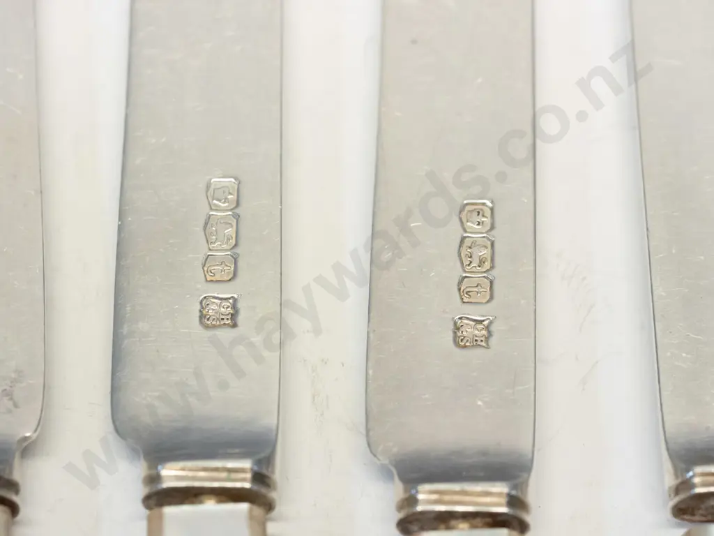 silver fish knife & fork set with mother of pearl handles stamped crown, lion, t, CB & S Image 1++