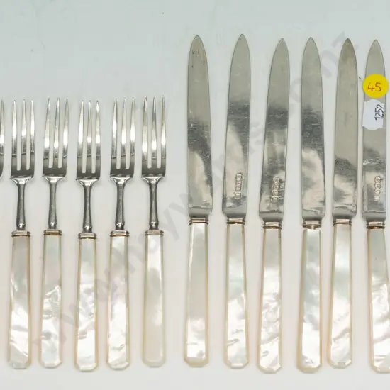 silver fish knife & fork set with mother of pearl handles stamped crown, lion, t, CB & S