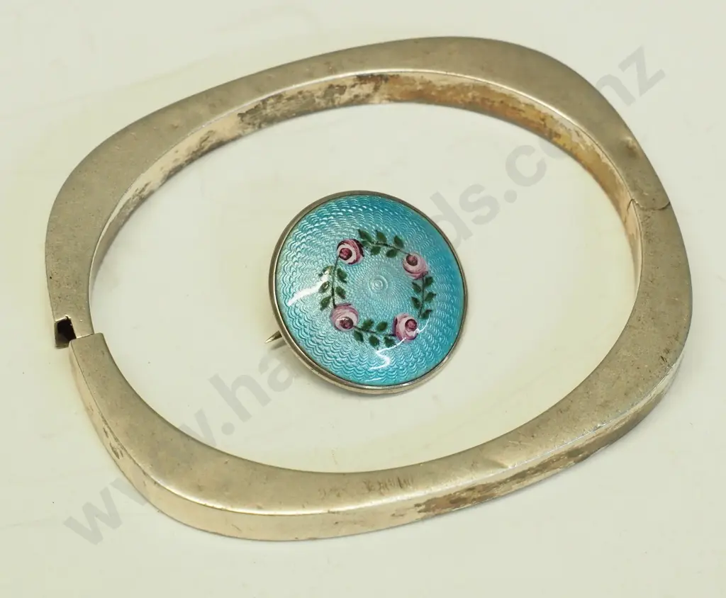silver bangle & silver enamel brooch both stamped Image 1++