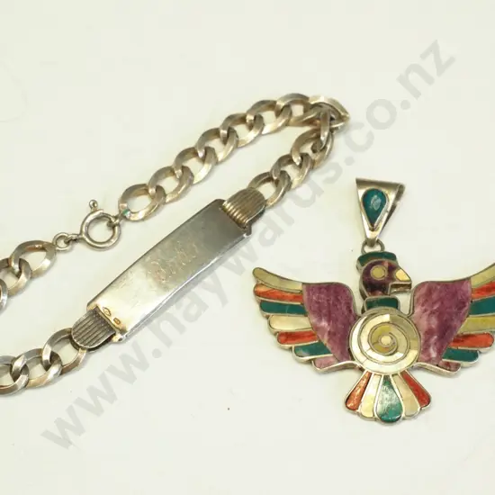 silver bracelet engraved 'Bobo' & silver bird necklace no chain both stamped 925