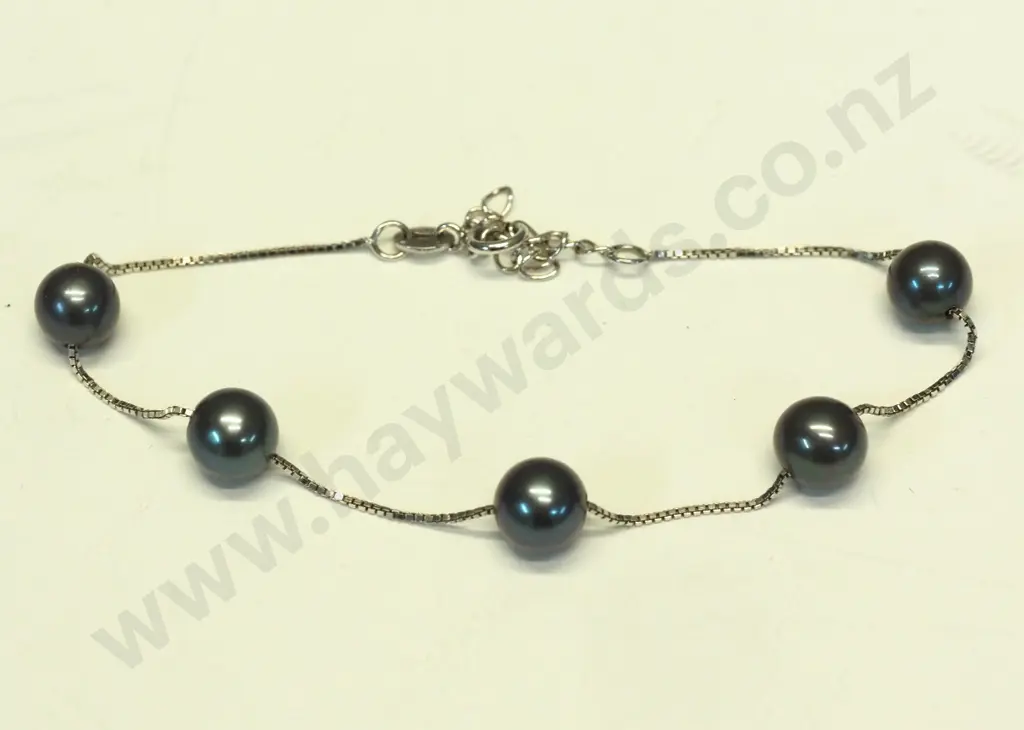 silver blue pearl bracelet stamped 925 Image 1++