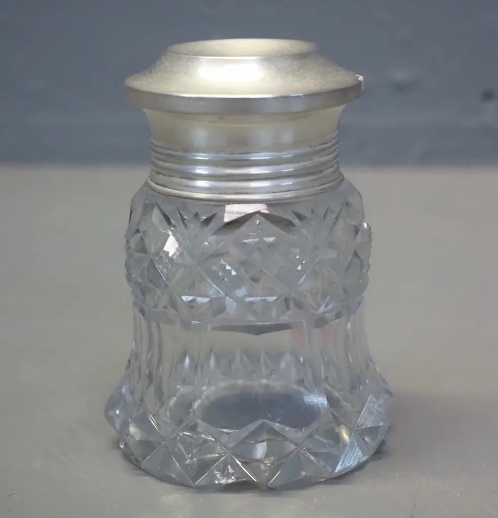 sterling silver topped crystal bottle/canister - internal crystal stopper is stuck in place H-95 Image 1++