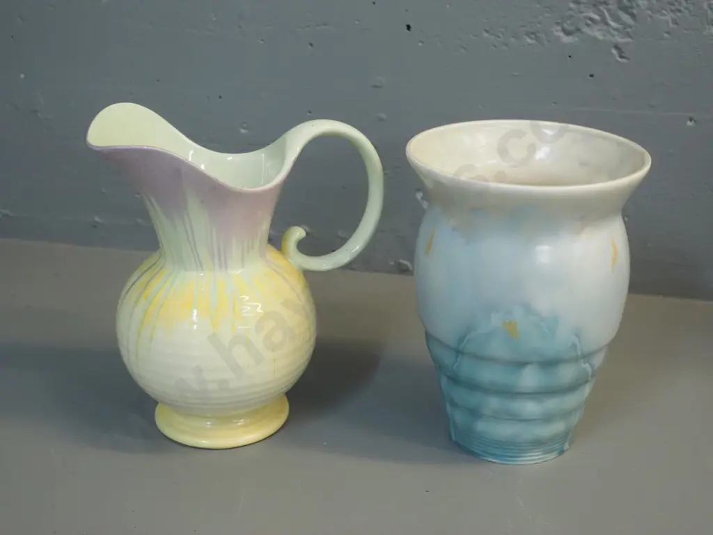 2 English trickle glaze vases - Beswick No 180 and a Crown Devon jug vase H-230 Image 1++