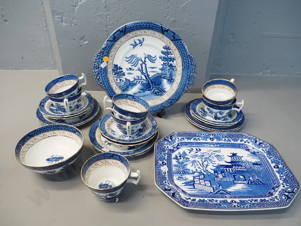 Booths Real Old Willow teaware - 6 trios, spare cup, sugar bowl, cake plate and a Burleigh Willow small ashett Image 1++