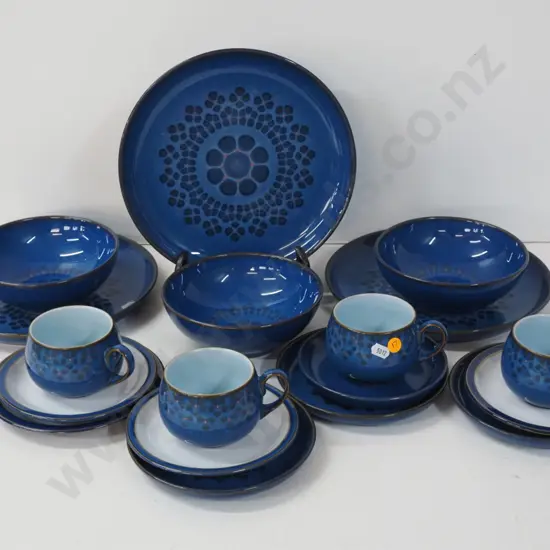 Denby blue dinnerware - several similar patterns - 4 trios, 3 dinner plates, 3 bowls