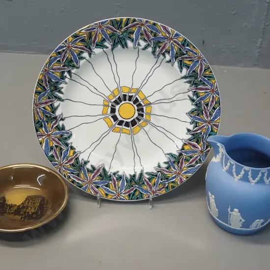 Wedgwood cabinet plate D260 & blue jasperware jug and a Vista Ware Dunedin High Street jam dish
