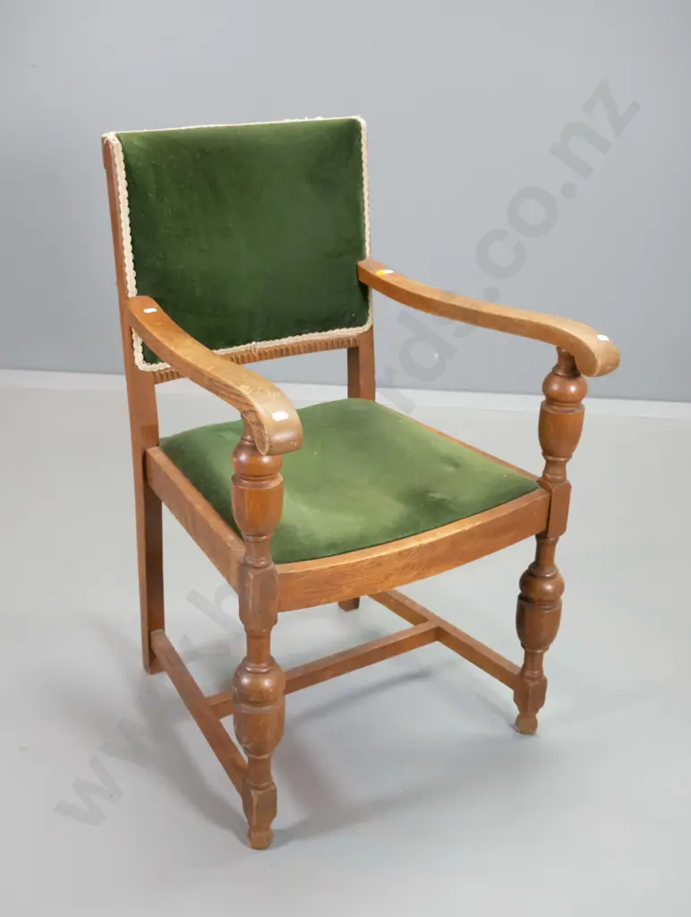 oak occasional chair with turned front legs, stretcher base, green velvet seat & back - polish wear. H910 W550 D560 Image 1++