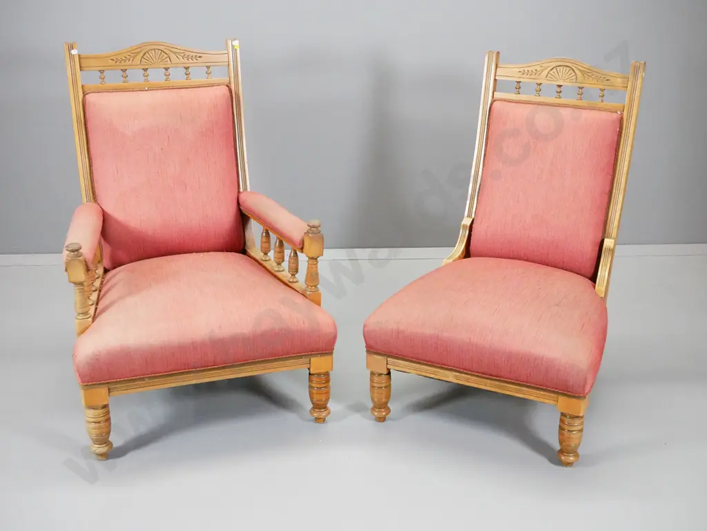 pair Edwardian carved (kauri?) lounge chairs with spindles - polish wear, stains H1010 W700 D790 Image 1++