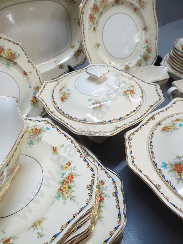 Grimwades hand-finished 8-place dinner set - some staining to a few, cream & sugar both w/obvious repairs Image 1++