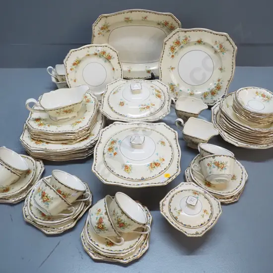 Grimwades hand-finished 8-place dinner set - some staining to a few, cream & sugar both w/obvious repairs