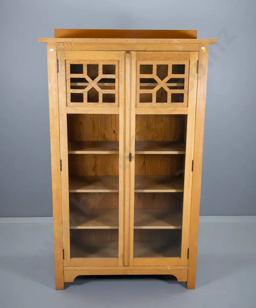 deco light oak bookcase, 2 lockable glazed doors w/fretted detail, Nees Dunedin label H1510 W910 D360 Image 1++