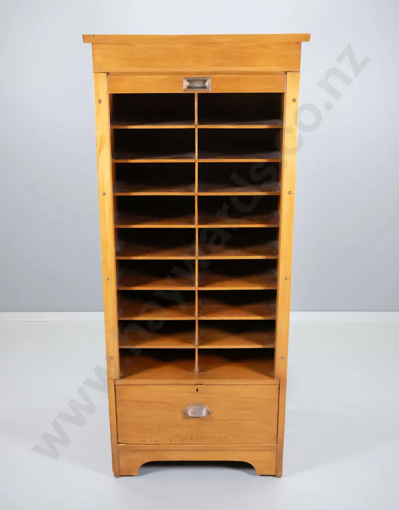 rimu cabinet ex Dunedin Post Office, vertical tambour door, pigeonholes, lower drawer, splits on ends Image 1++