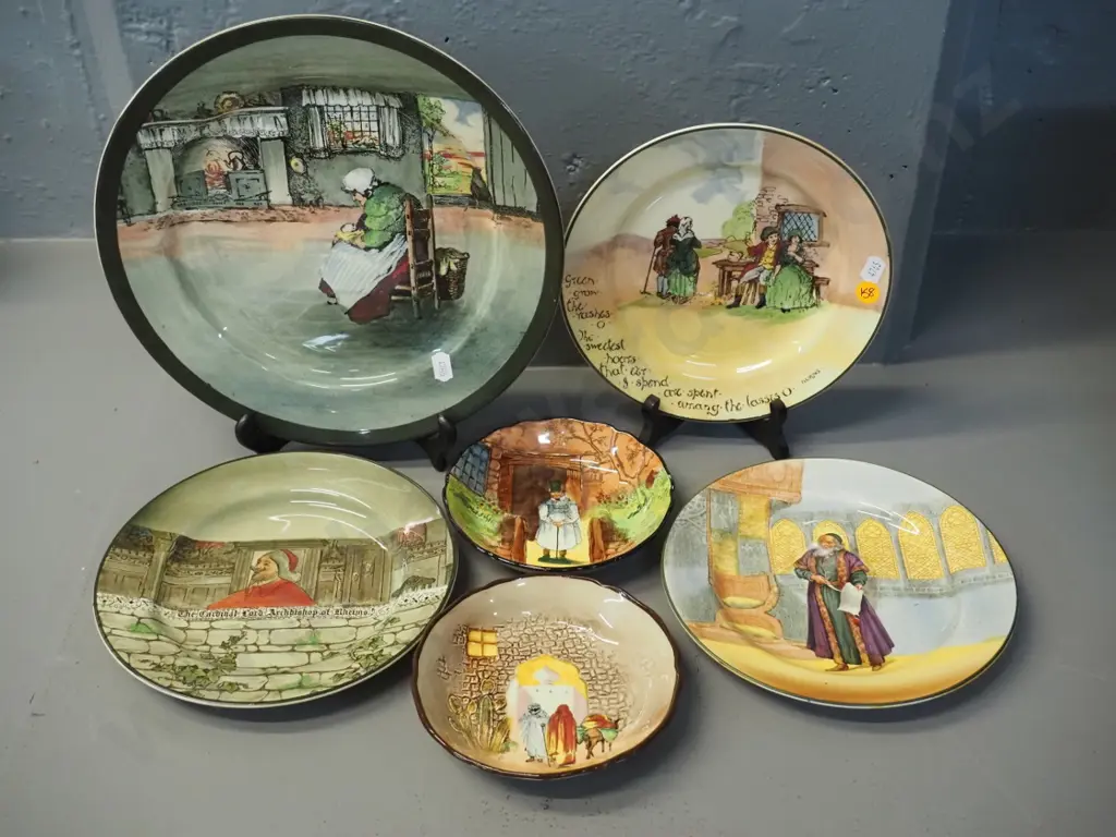 6 Royal Doulton china items - 4 plates and 2 sweet dishes - largest is 'The Cat in the Doorway' D-260 Image 1++