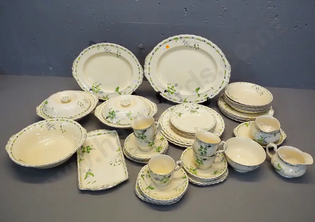 large collection of Grindley 'Silver Bough' dinnerware, a few w/cracks - and a Royal Albert Painter's Rose trio Image 1++