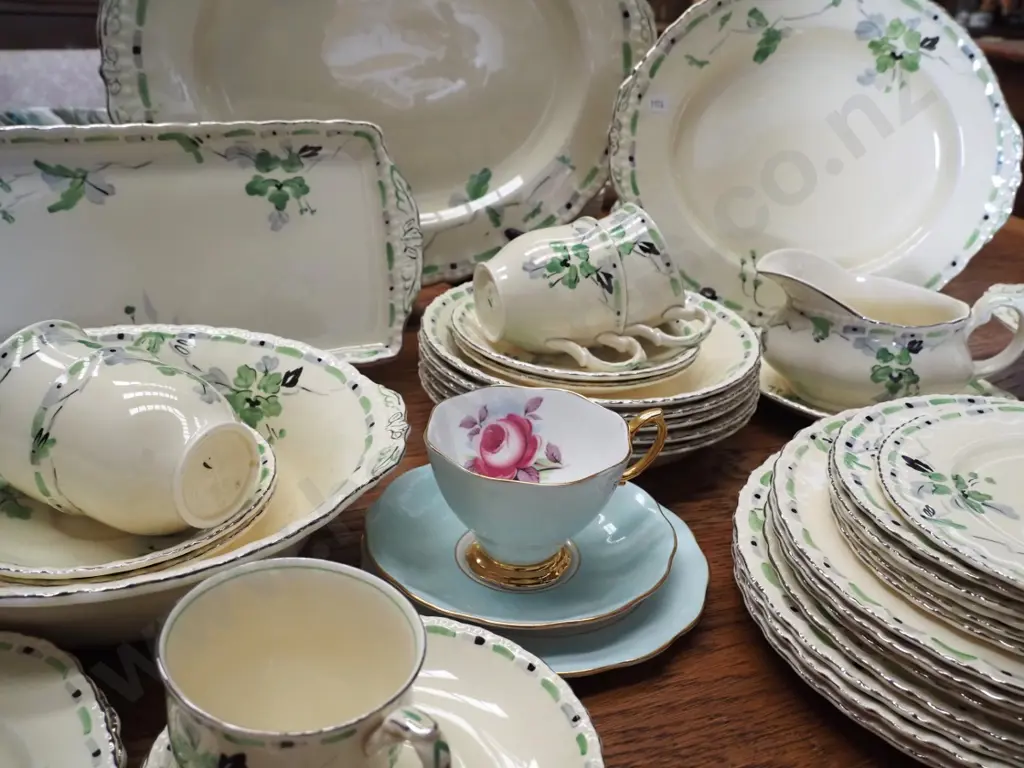 large collection of Grindley 'Silver Bough' dinnerware, a few w/cracks - and a Royal Albert Painter's Rose trio Image 1++
