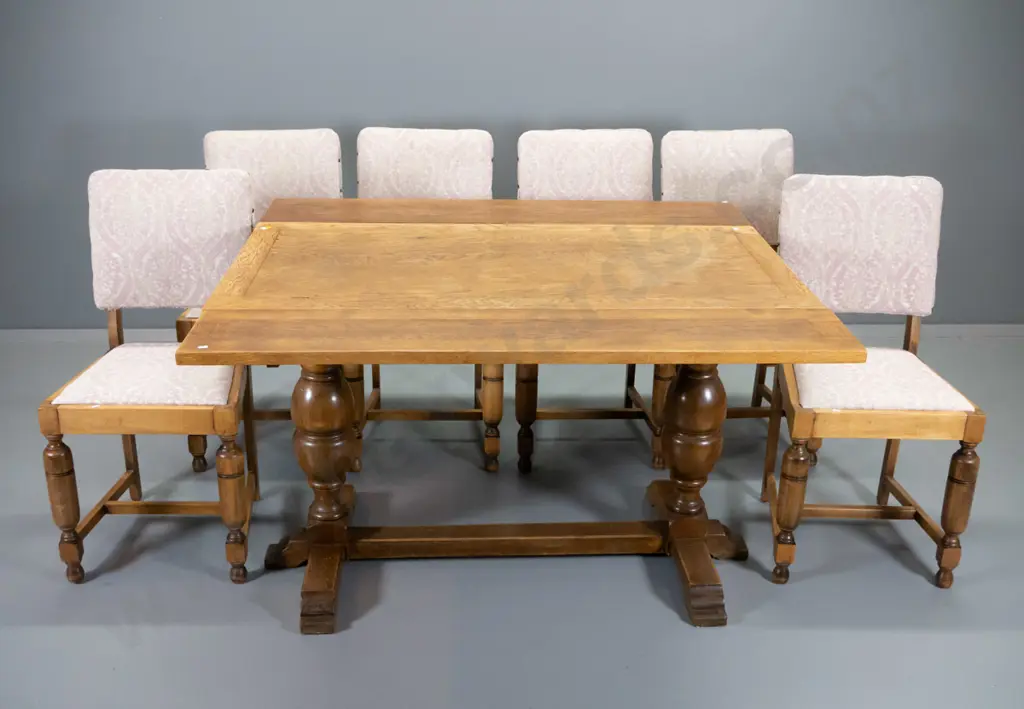 deco oak dining table w/ extending side-leafs, 6 beech chairs w/upholstered seat & back H750 L1220 W1080 sides extended Image 1++